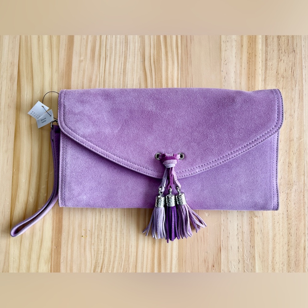 WHBM lavender suede clutch 12x6 NWT